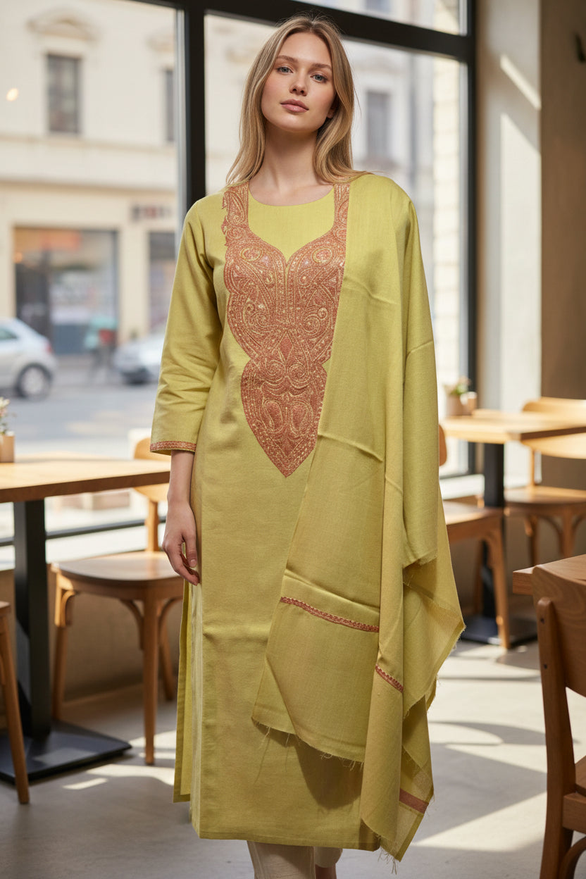 Kashmir Gallery Women Woolen Kashmiri Suits Semi Pashmina - Lemon