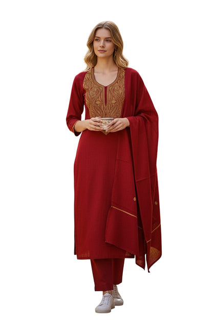 Kashmir Gallery Women Woolen Kashmiri Suits Semi Pashmina - Maroon3