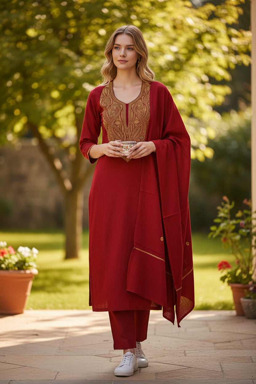 Kashmir Gallery Women Woolen Kashmiri Suits Semi Pashmina - Maroon3