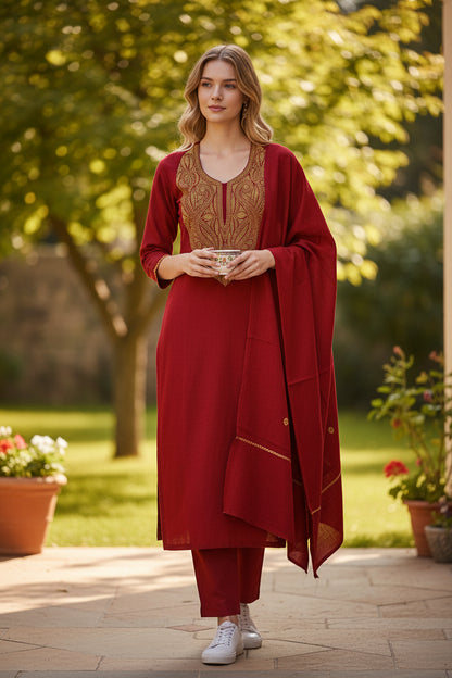 Kashmir Gallery Women Woolen Kashmiri Suits Semi Pashmina - Maroon3