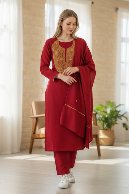 Kashmir Gallery Women Woolen Kashmiri Suits Semi Pashmina - Maroon3