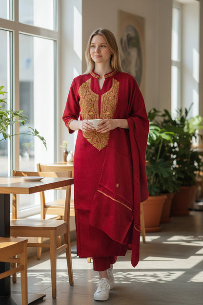 Kashmir Gallery Women Woolen Kashmiri Suits Semi Pashmina - Maroon3