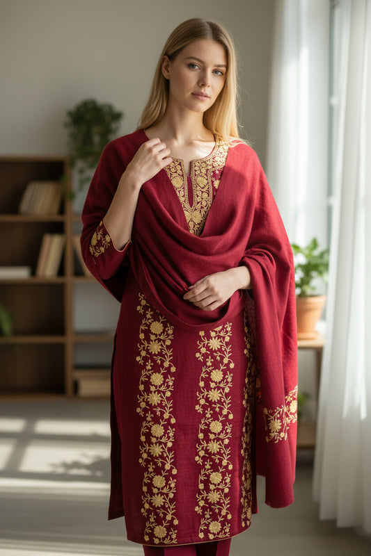 Women Woolen Kashmiri Suits Semi Pashmina Aari Embroidery  - Maroon