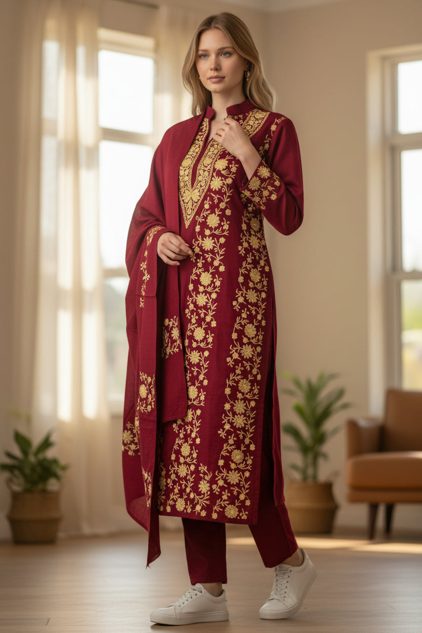 Women Woolen Kashmiri Suits Semi Pashmina Aari Embroidery  - Maroon