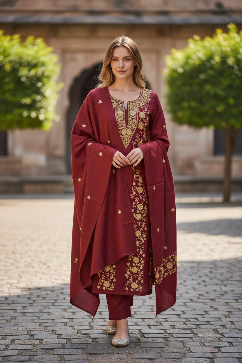 Women Woolen Kashmiri Suits Semi Pashmina Aari Embroidery  - Maroon
