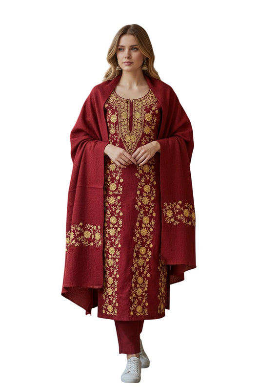 Women Woolen Kashmiri Suits Semi Pashmina Aari Embroidery  - Maroon