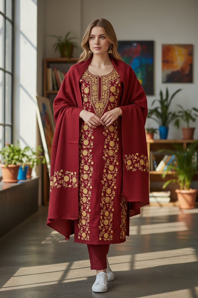Women Woolen Kashmiri Suits Semi Pashmina Aari Embroidery  - Maroon