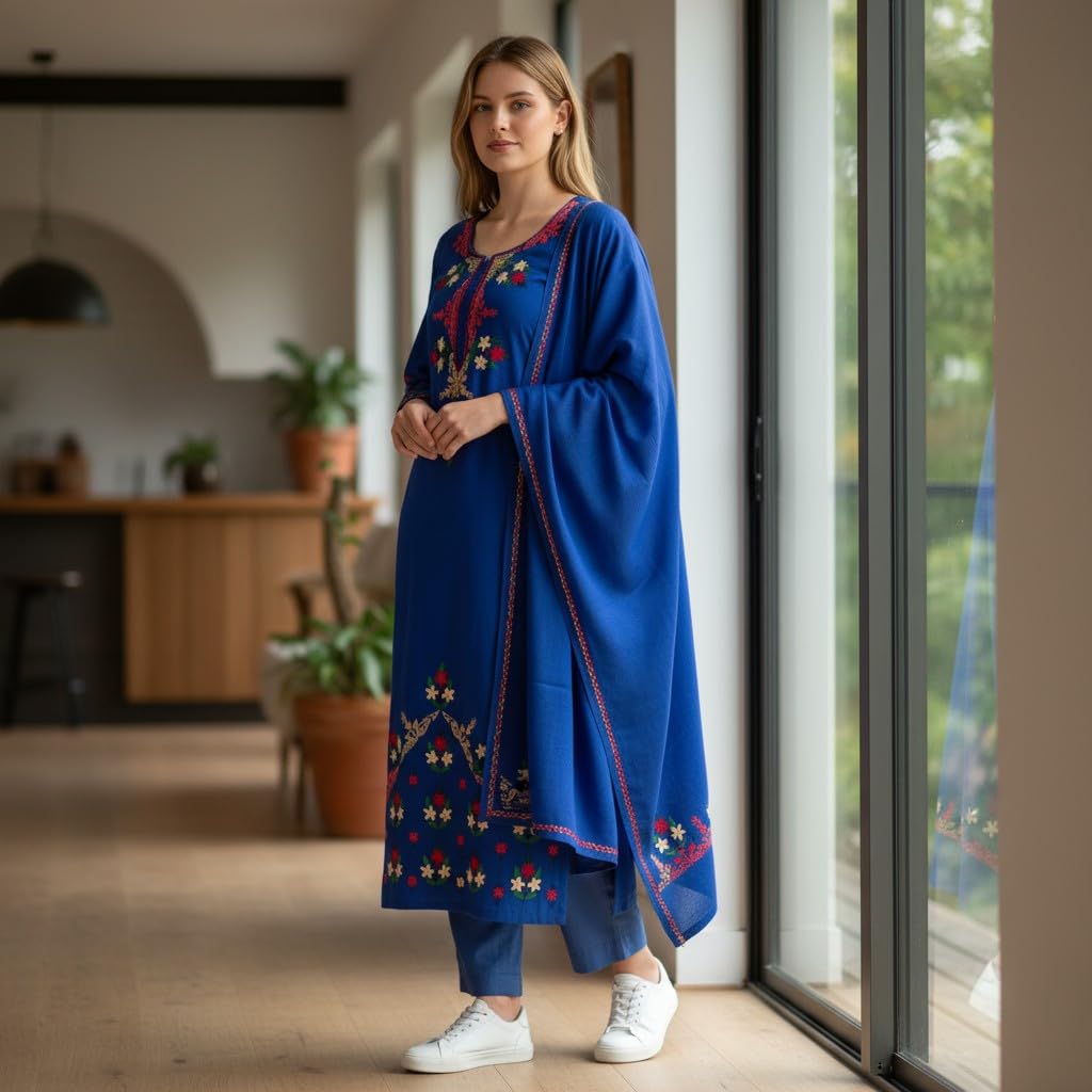 Women Woolen Kashmiri Suits Semi Pashmina Aari Embroidery  - Blue
