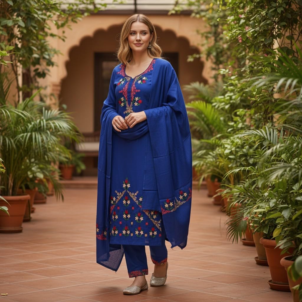 Women Woolen Kashmiri Suits Semi Pashmina Aari Embroidery  - Blue