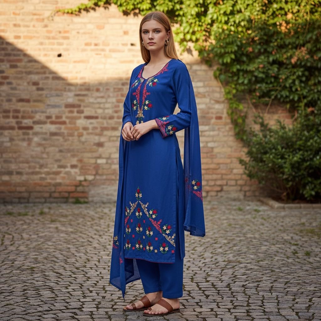 Women Woolen Kashmiri Suits Semi Pashmina Aari Embroidery  - Blue