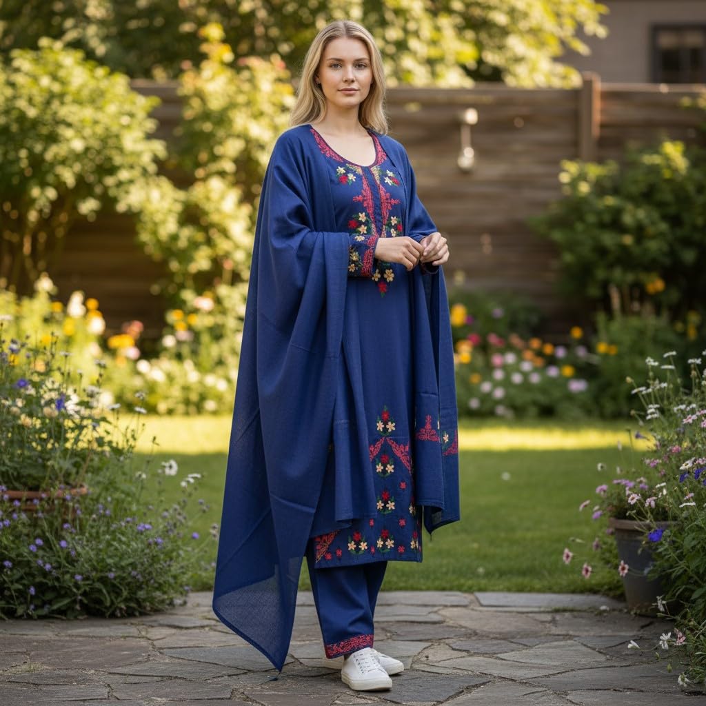 Women Woolen Kashmiri Suits Semi Pashmina Aari Embroidery  - Blue