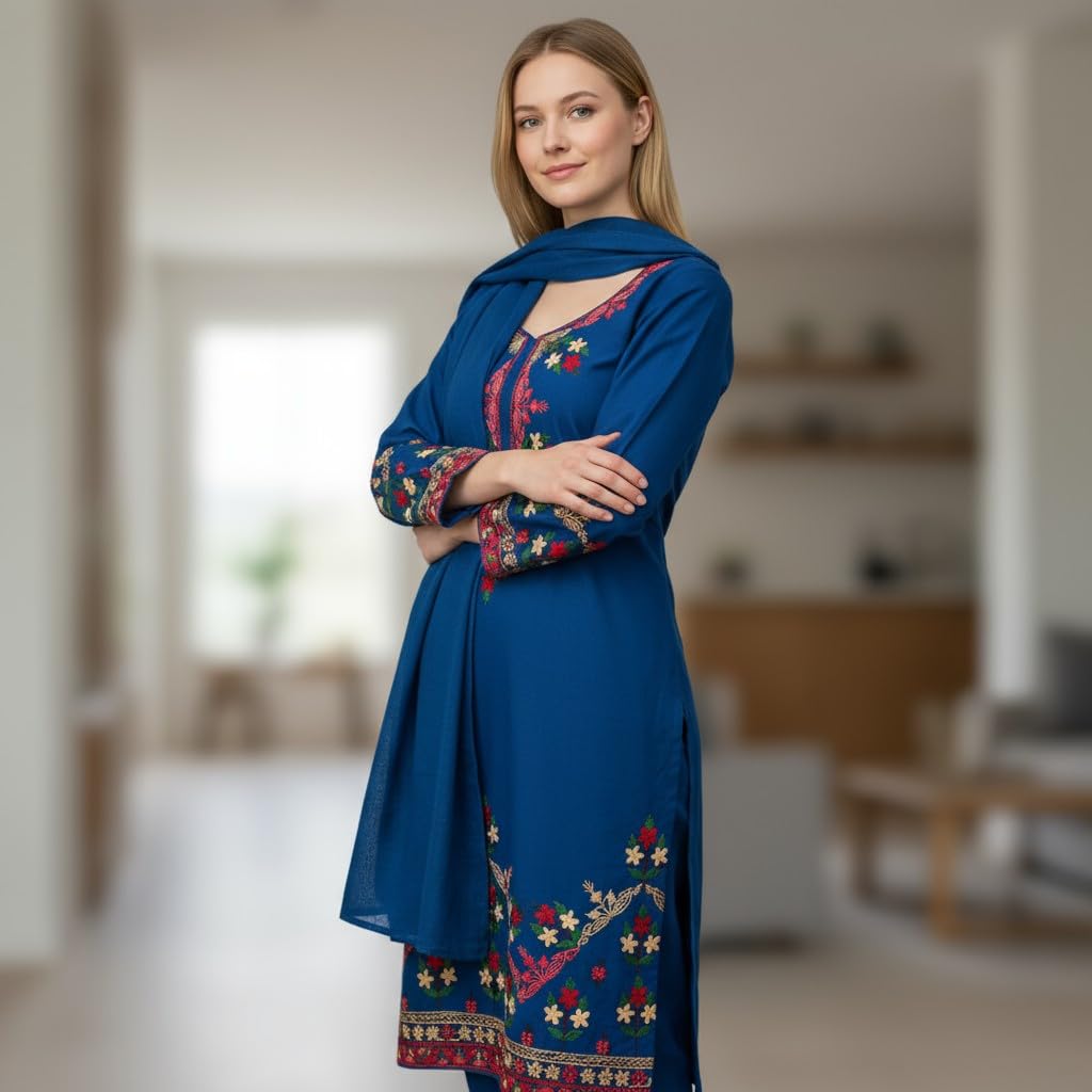 Women Woolen Kashmiri Suits Semi Pashmina Aari Embroidery  - Blue
