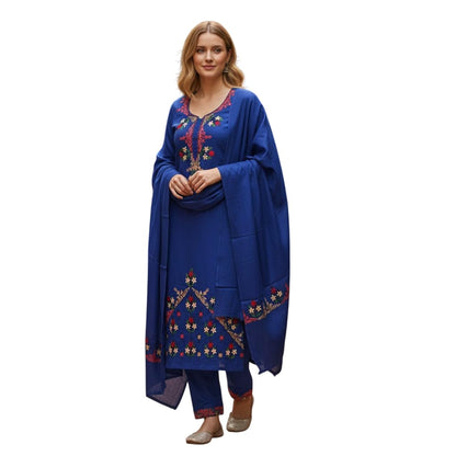 Women Woolen Kashmiri Suits Semi Pashmina Aari Embroidery  - Blue