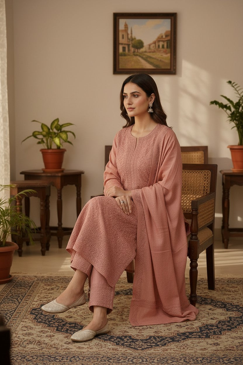 Women Woolen Kashmiri Suits Semi Pashmina Aari Embroidery  - Pink