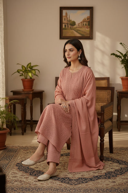 Women Woolen Kashmiri Suits Semi Pashmina Aari Embroidery  - Pink