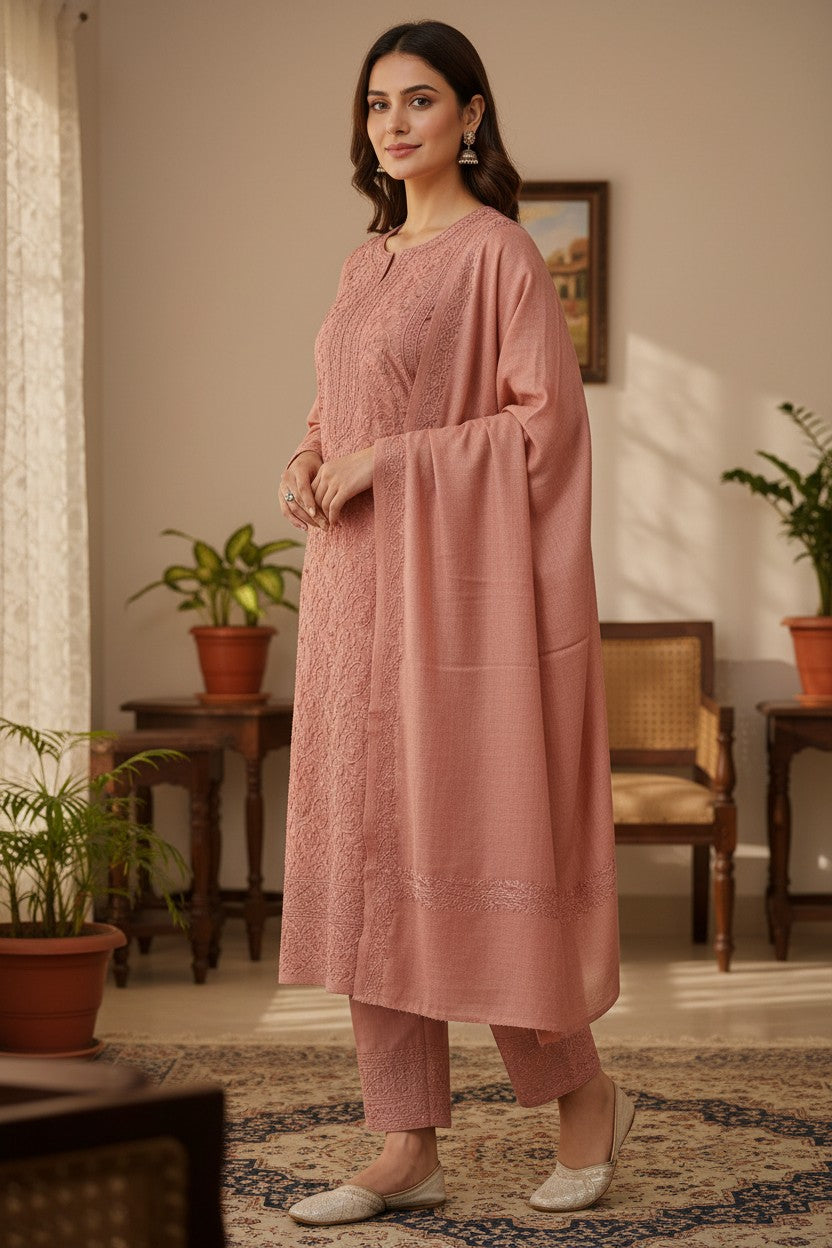 Women Woolen Kashmiri Suits Semi Pashmina Aari Embroidery  - Pink