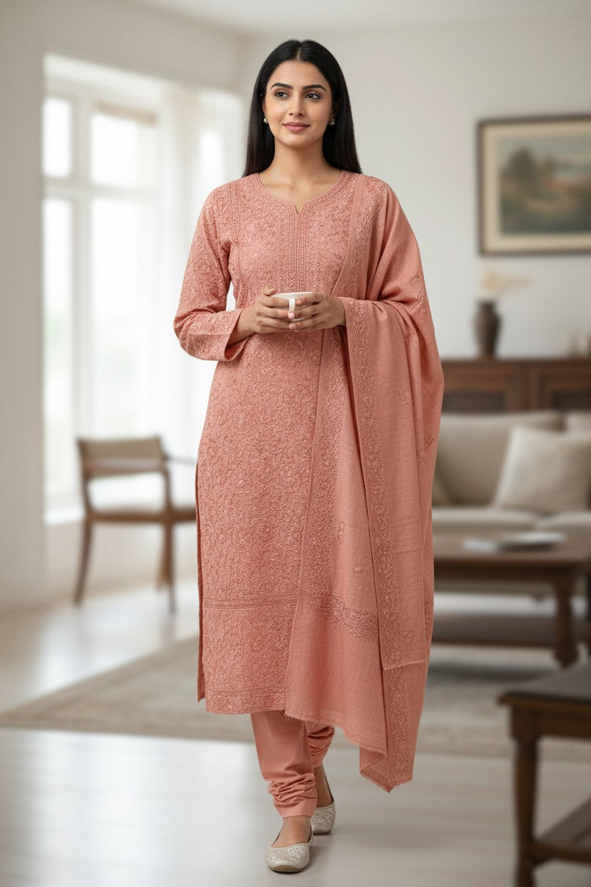 Women Woolen Kashmiri Suits Semi Pashmina Aari Embroidery  - Pink