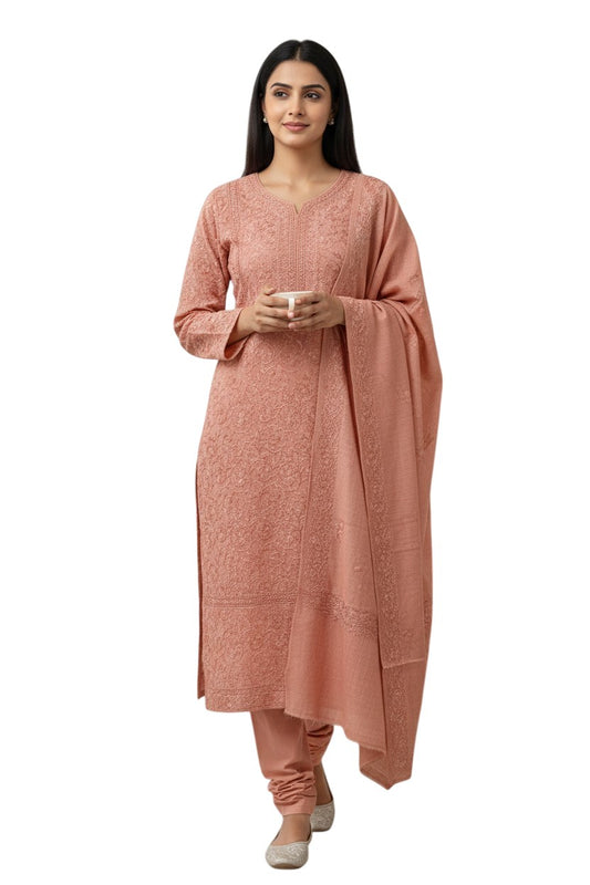 Women Woolen Kashmiri Suits Semi Pashmina Aari Embroidery  - Pink