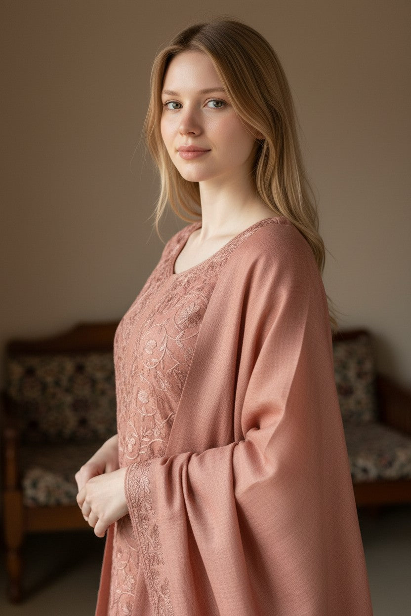 Women Woolen Kashmiri Suits Semi Pashmina Aari Embroidery  - Pink