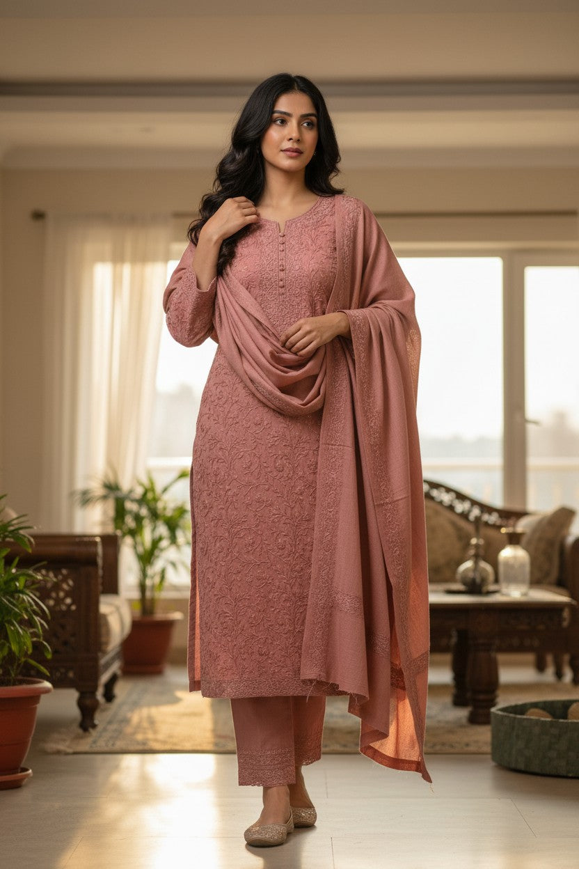Women Woolen Kashmiri Suits Semi Pashmina Aari Embroidery  - Pink 3
