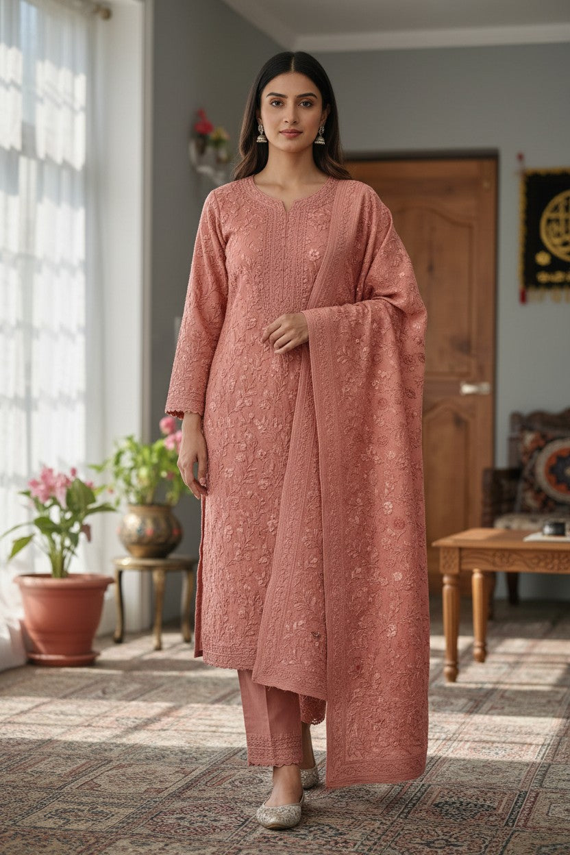 Women Woolen Kashmiri Suits Semi Pashmina Aari Embroidery  - Pink 3