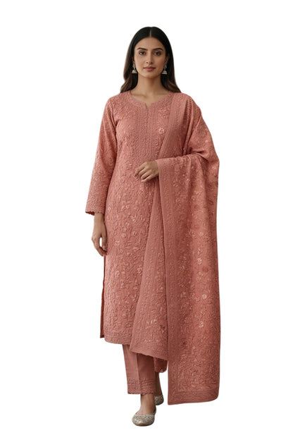 Women Woolen Kashmiri Suits Semi Pashmina Aari Embroidery  - Pink 3