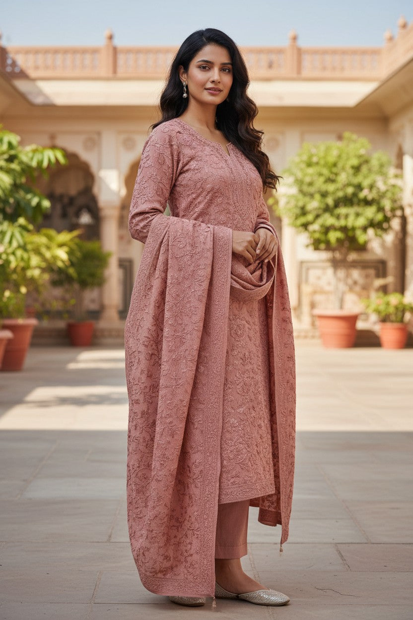 Women Woolen Kashmiri Suits Semi Pashmina Aari Embroidery  - Pink 3
