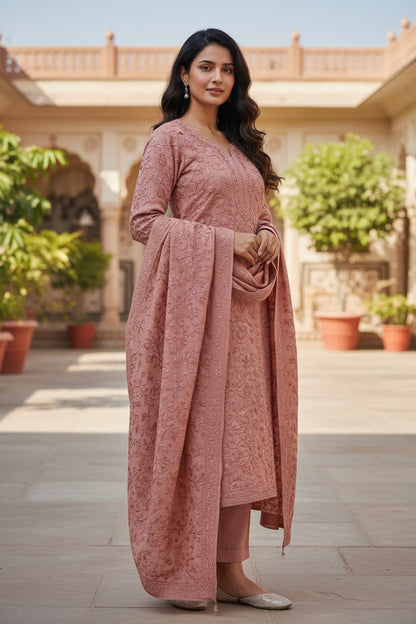 Women Woolen Kashmiri Suits Semi Pashmina Aari Embroidery  - Pink 3