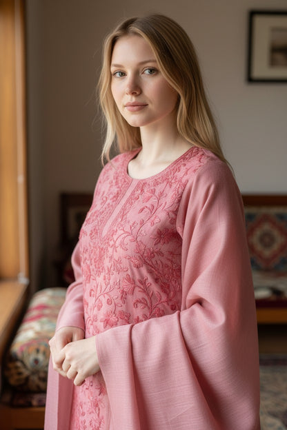 Women Woolen Kashmiri Suits Semi Pashmina Aari Embroidery  - Pink