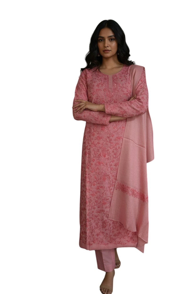 Women Woolen Kashmiri Suits Semi Pashmina Aari Embroidery  - Pink