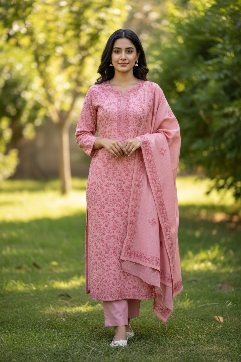 Women Woolen Kashmiri Suits Semi Pashmina Aari Embroidery  - Pink
