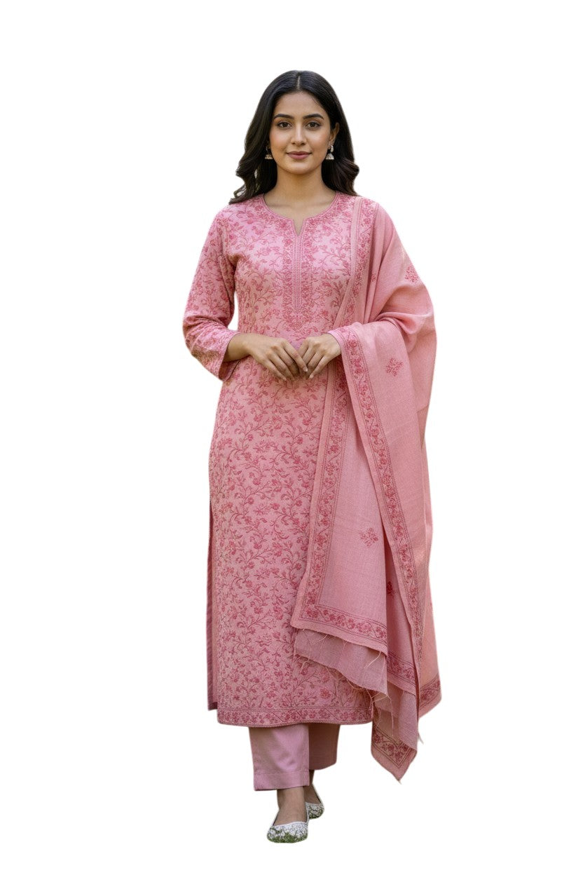 Women Woolen Kashmiri Suits Semi Pashmina Aari Embroidery  - Pink