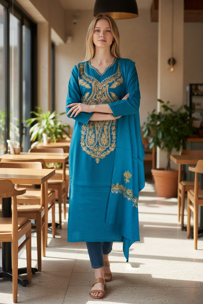 Women Woolen Kashmiri Suits Semi Pashmina Aari Embroidery  - Turquoise
