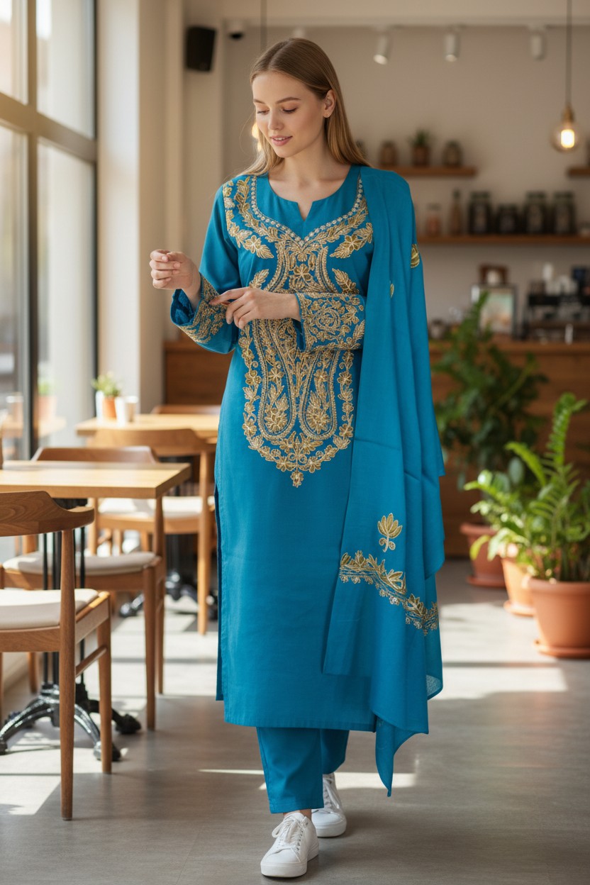 Women Woolen Kashmiri Suits Semi Pashmina Aari Embroidery  - Turquoise