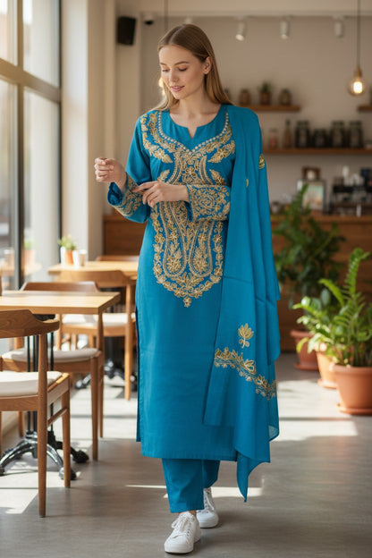 Women Woolen Kashmiri Suits Semi Pashmina Aari Embroidery  - Turquoise
