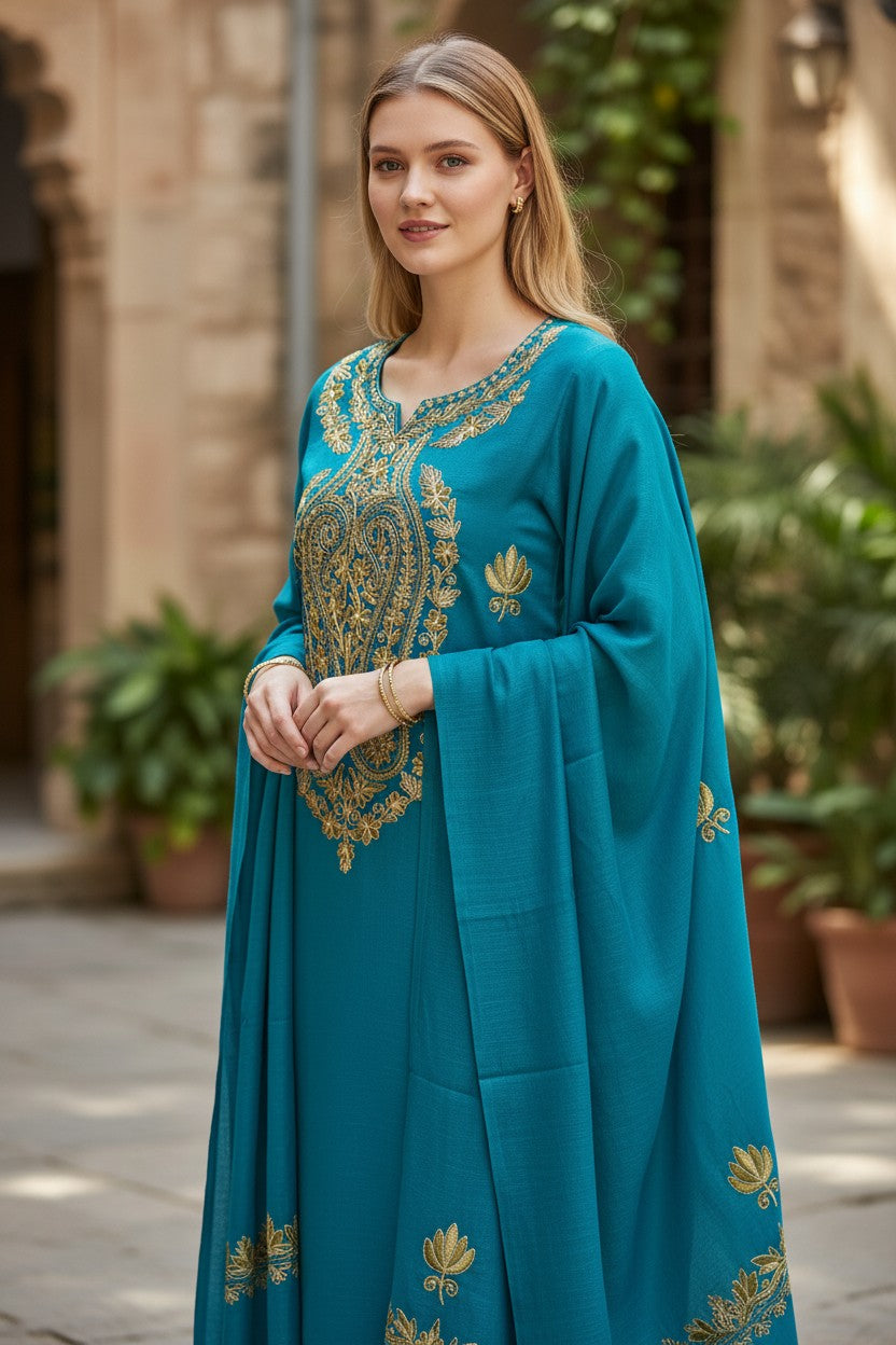 Women Woolen Kashmiri Suits Semi Pashmina Aari Embroidery  - Turquoise