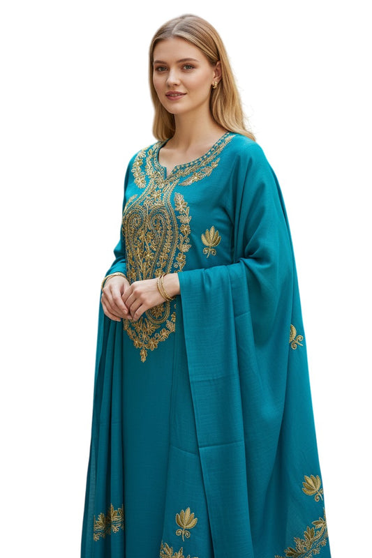 Women Woolen Kashmiri Suits Semi Pashmina Aari Embroidery  - Turquoise