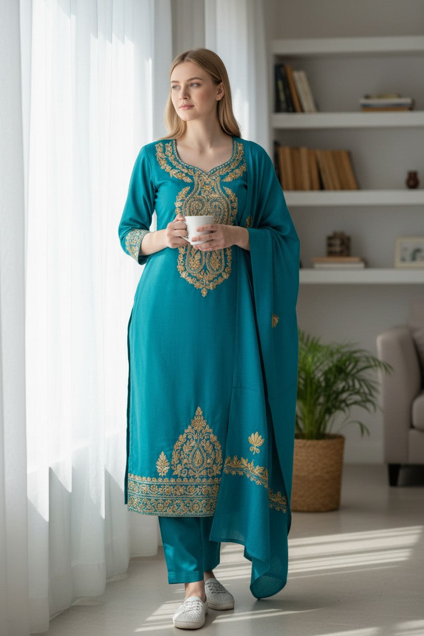 Women Woolen Kashmiri Suits Semi Pashmina Aari Embroidery  - Turquoise