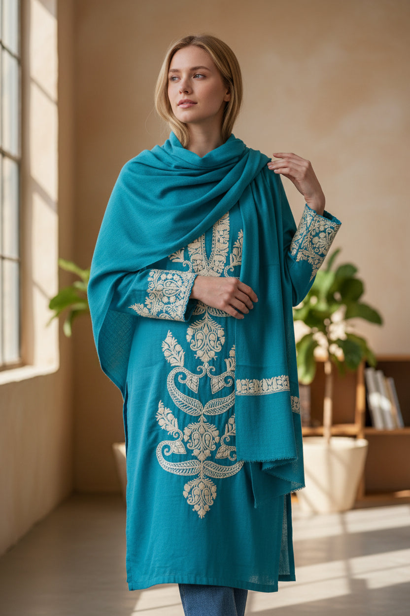Women Woolen Kashmiri Suits Semi Pashmina Aari Embroidery  - Turquoise