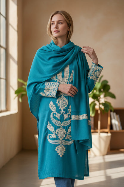 Women Woolen Kashmiri Suits Semi Pashmina Aari Embroidery  - Turquoise