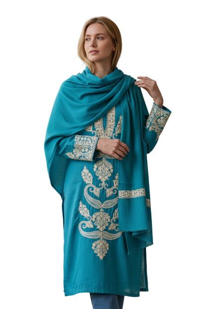 Women Woolen Kashmiri Suits Semi Pashmina Aari Embroidery  - Turquoise