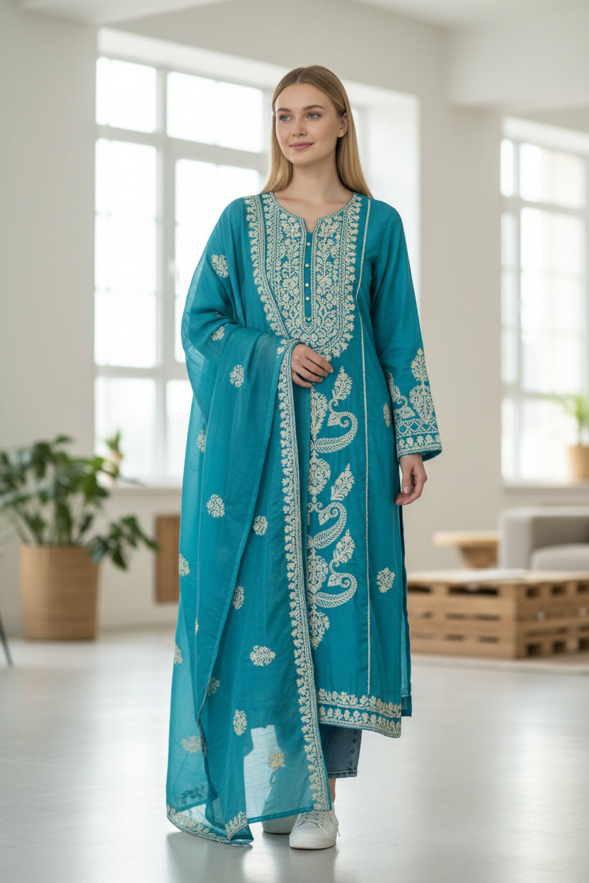 Women Woolen Kashmiri Suits Semi Pashmina Aari Embroidery  - Turquoise