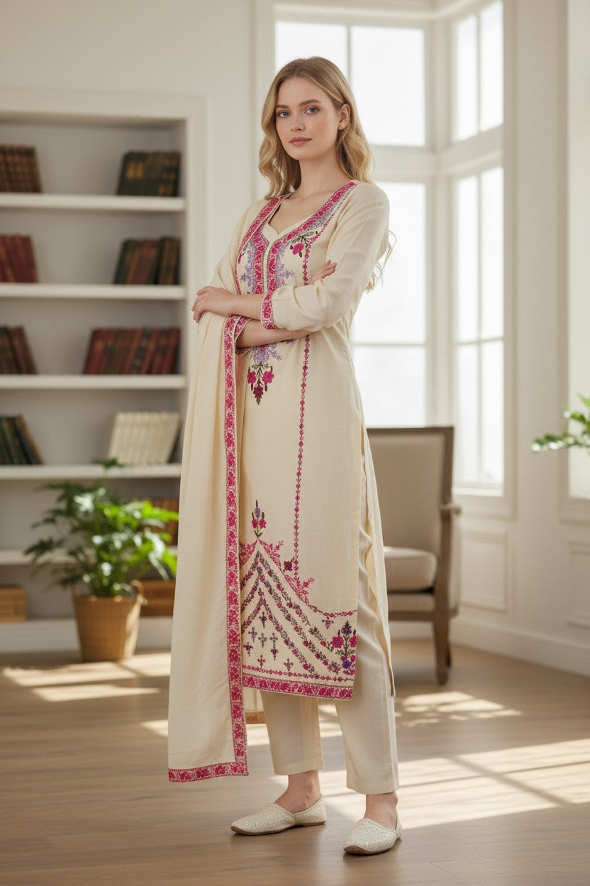 Women Woolen Kashmiri Suits Semi Pashmina Aari Embroidery  - White