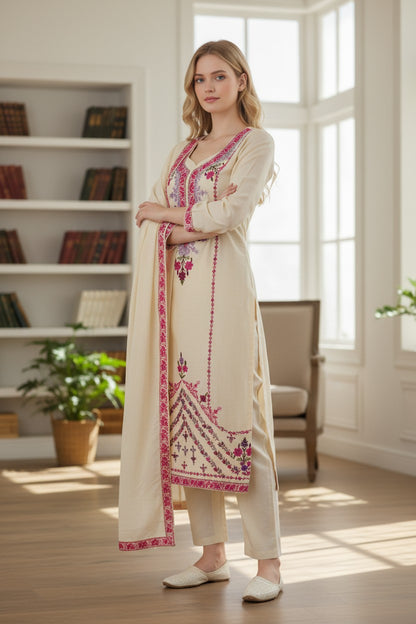 Women Woolen Kashmiri Suits Semi Pashmina Aari Embroidery  - White