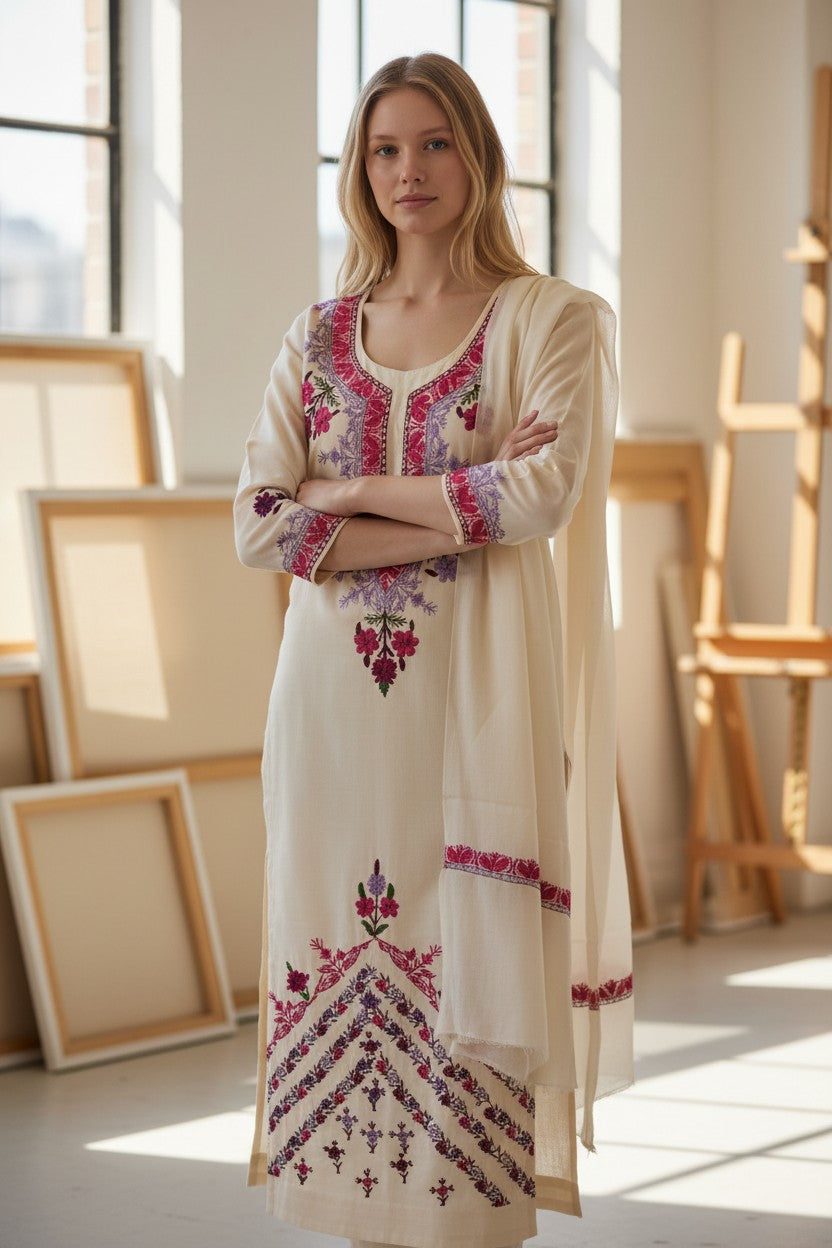 Women Woolen Kashmiri Suits Semi Pashmina Aari Embroidery  - White