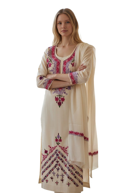 Women Woolen Kashmiri Suits Semi Pashmina Aari Embroidery  - White
