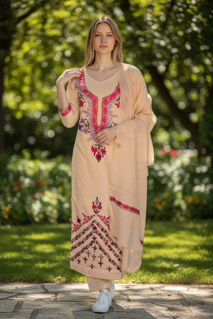 Women Woolen Kashmiri Suits Semi Pashmina Aari Embroidery  - White