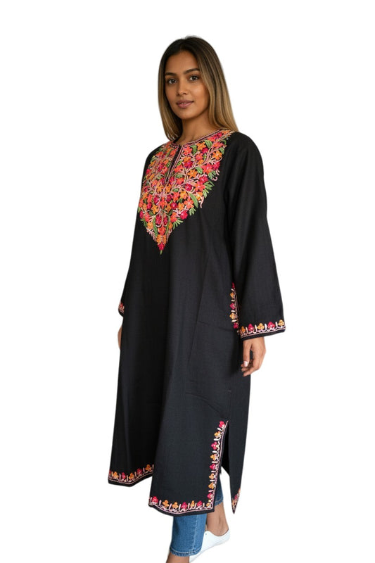 Kashmiri Woolen Pheran with Traditional Aari Embroidery - Black