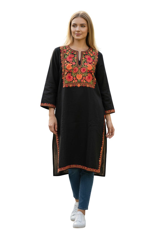 Kashmiri Woolen Pheran with Traditional Aari Embroidery - Black