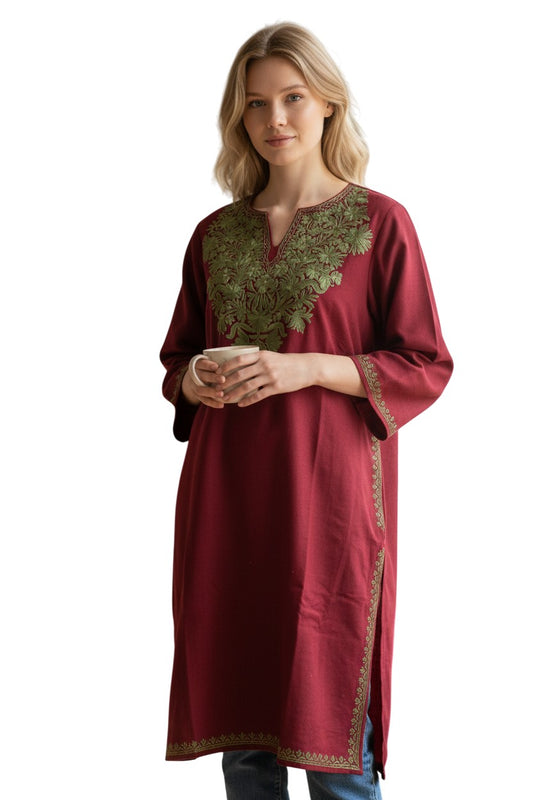 Kashmiri Woolen Pheran with Traditional Aari Embroidery - Maroon